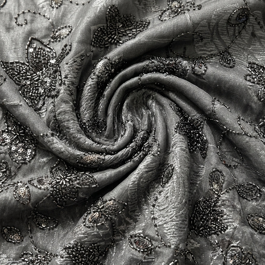Swirled Black Embroidery Tissue Fabric Showing Sequin Floral Beads and Drape