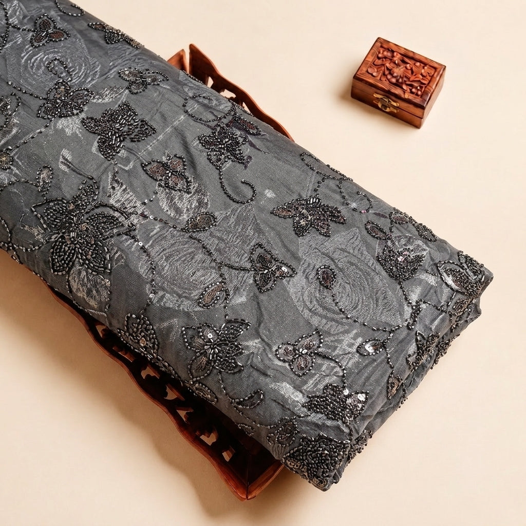 Grey Embroidery Tissue Fabric, folded