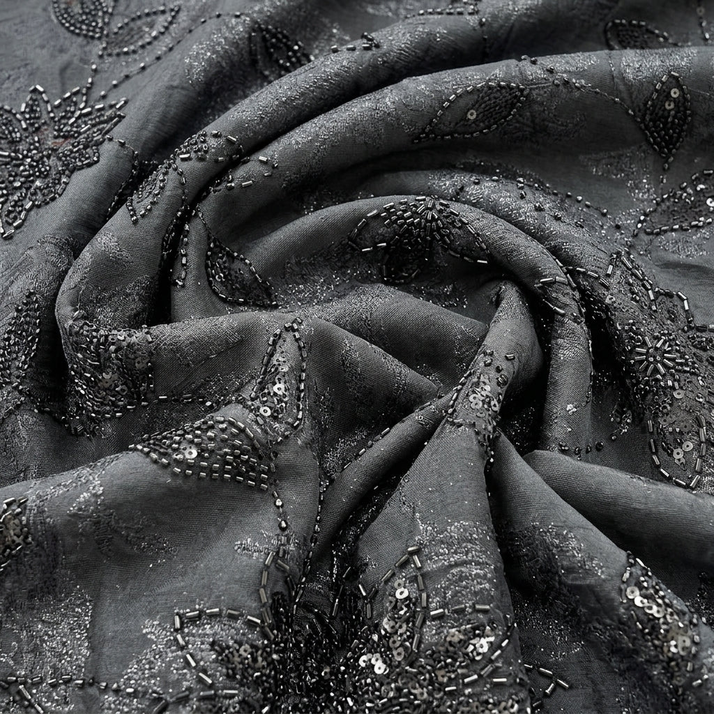 Swirled Black Embroidery Tissue Fabric Showing Sequin Floral Beads and Drape