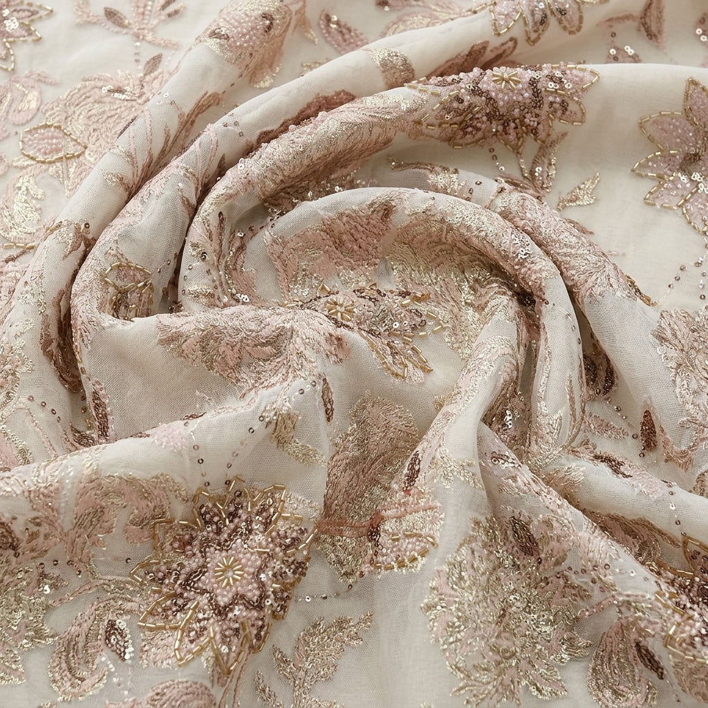 Swirled Light Blue Embroidery Tissue Fabric Showing Sequin Floral Beads and Drape