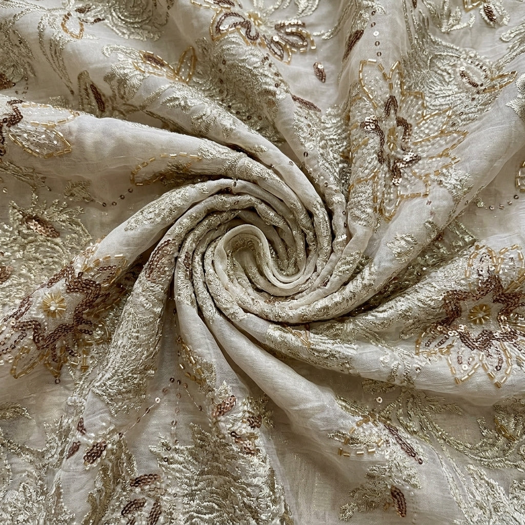 Swirled Baby Pink Embroidery Tissue Fabric Showing Sequin Floral Beads and Drape