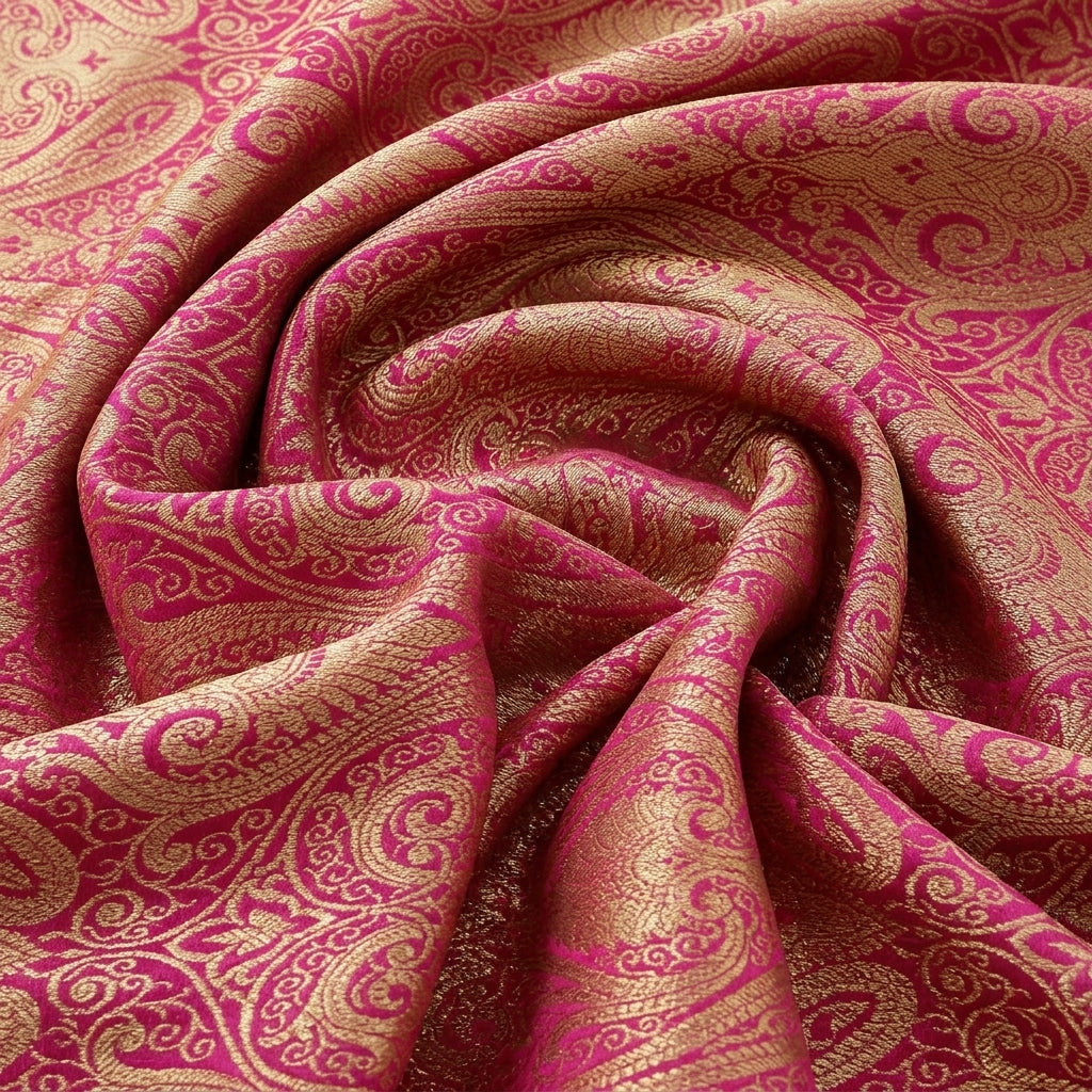 Swirled Pink Zari Semi Banaras Fabric Showing Paisley and Drape