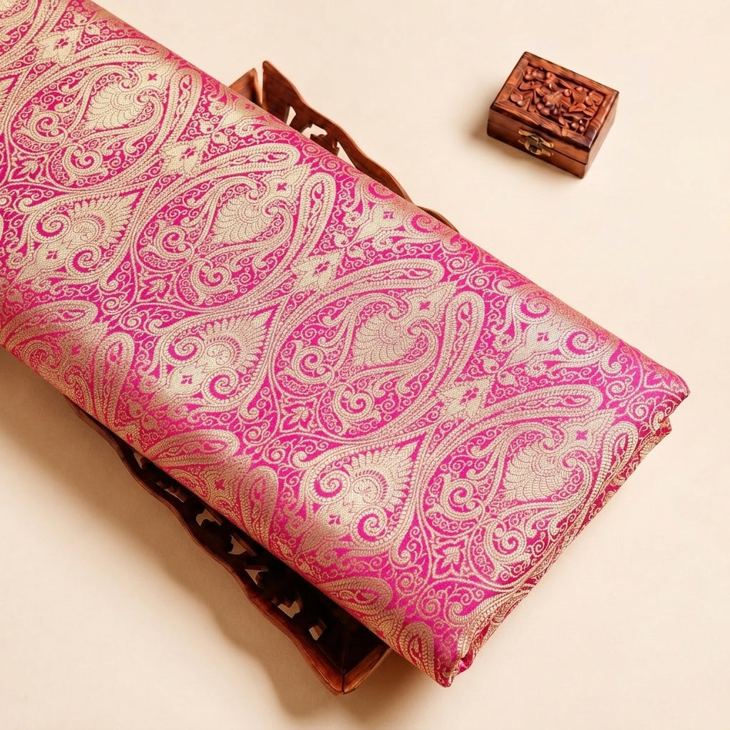 Pink Zari Semi Banaras Fabric, folded
