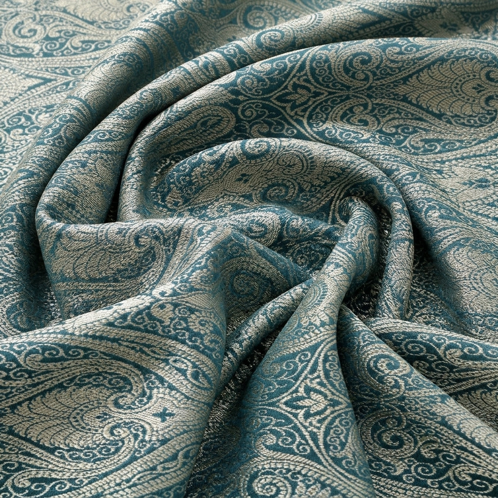 Swirled Dark Green Zari Semi Banaras Fabric Showing Paisley and Drape
