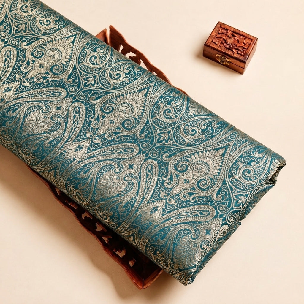 Dark Green Zari Semi Banaras Fabric, folded