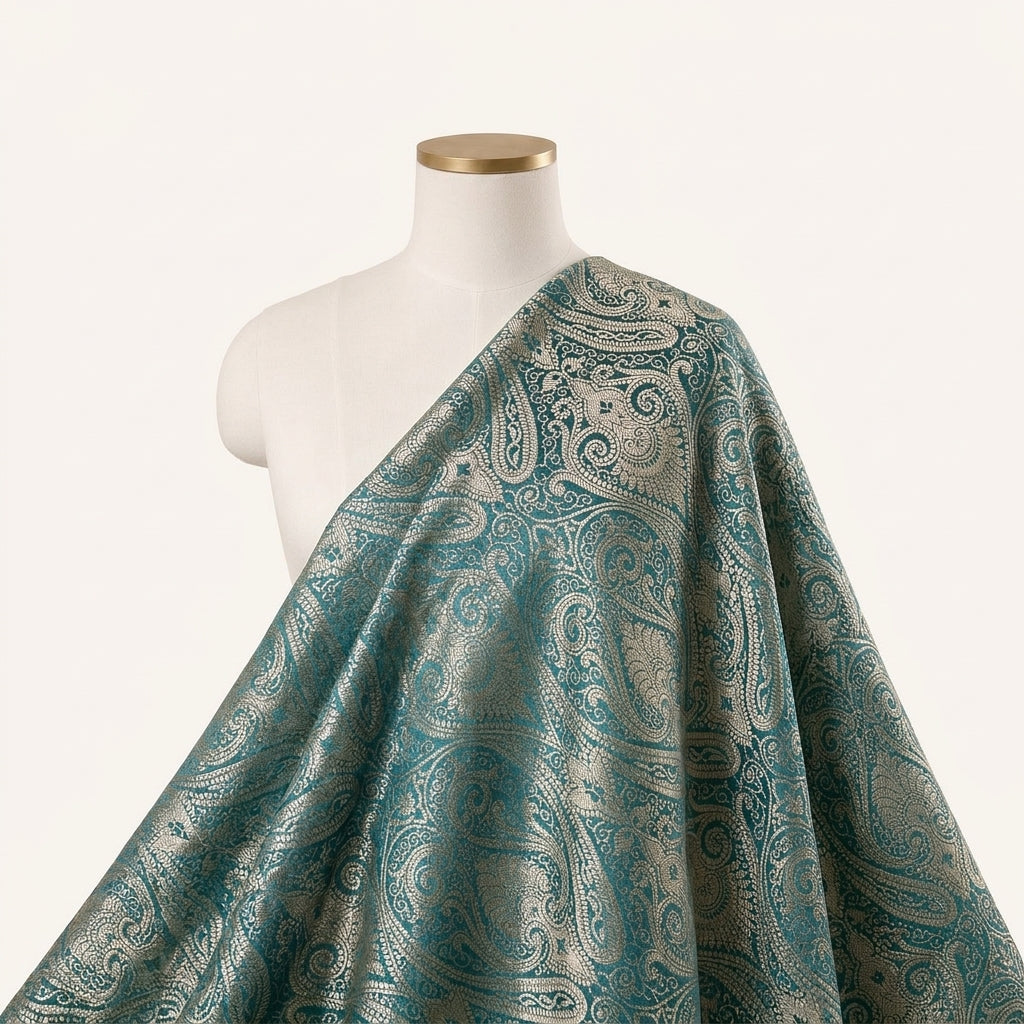 Dark Green Zari Semi Banaras Fabric Draped as a saree