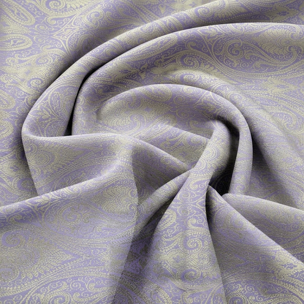 Swirled Violet Zari Semi Banaras Fabric Showing Paisley and Drape