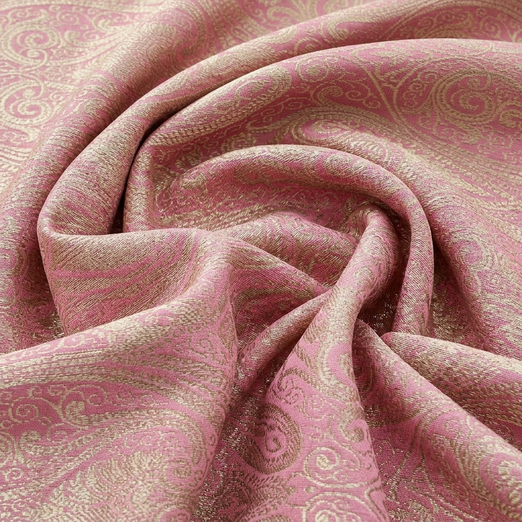 Swirled Light Violet Zari Semi Banaras Fabric Showing Paisley and Drape