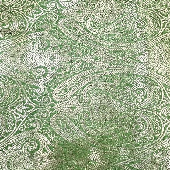 Green Zari Semi Banaras Fabric, laid flat
