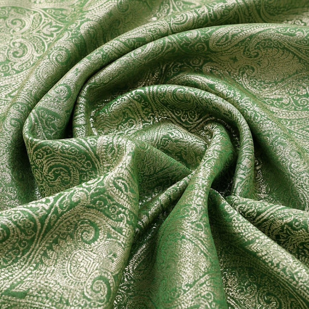 Swirled Green Zari Semi Banaras Fabric Showing Paisley and Drape