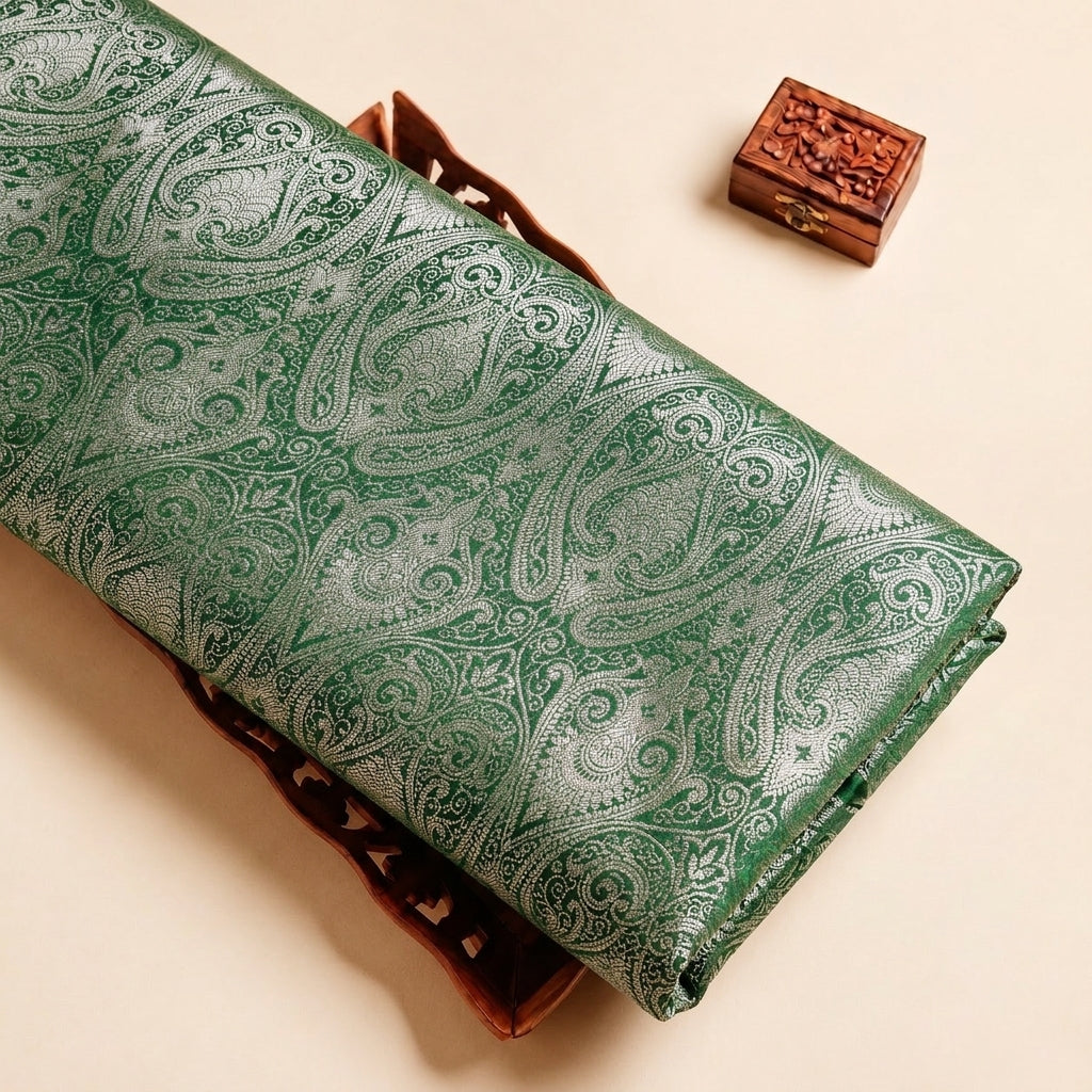 Green Zari Semi Banaras Fabric with Paisley
