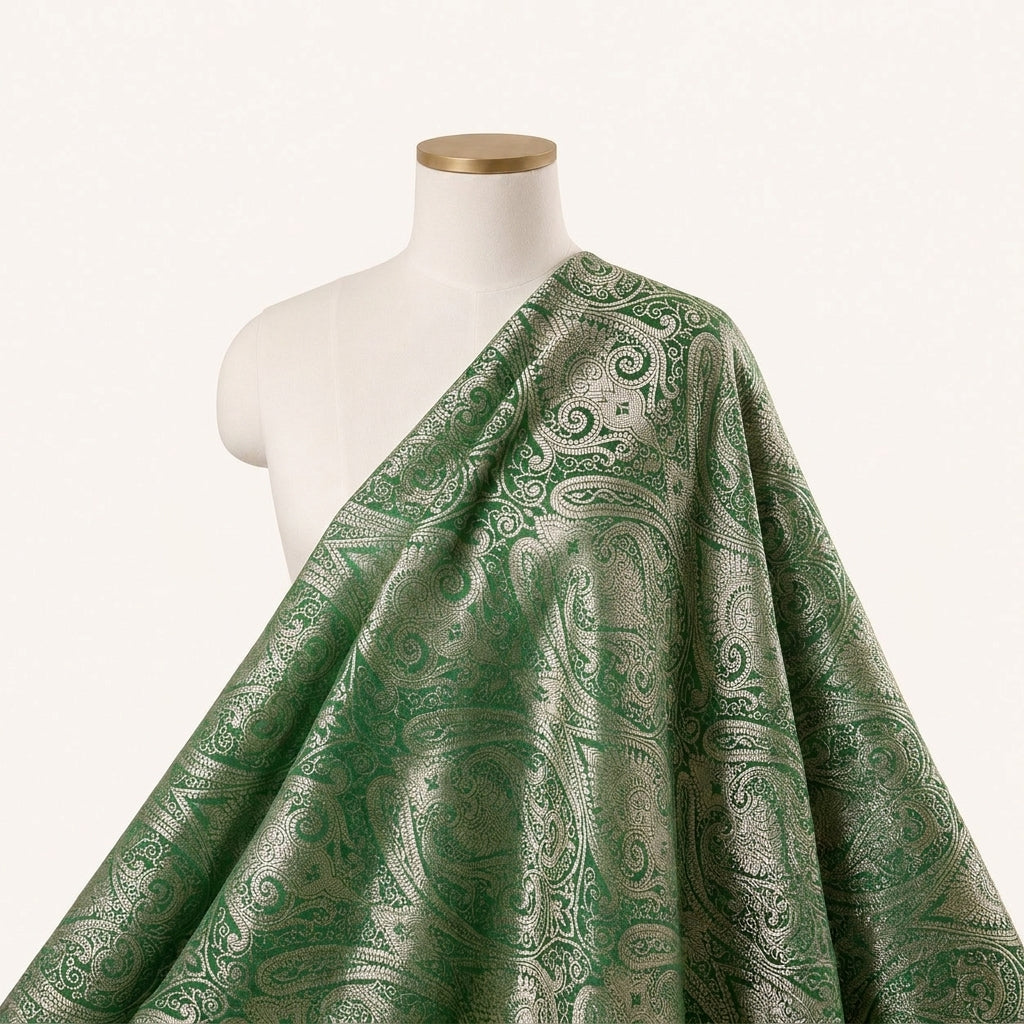 Green Zari Semi Banaras Fabric Draped as a saree