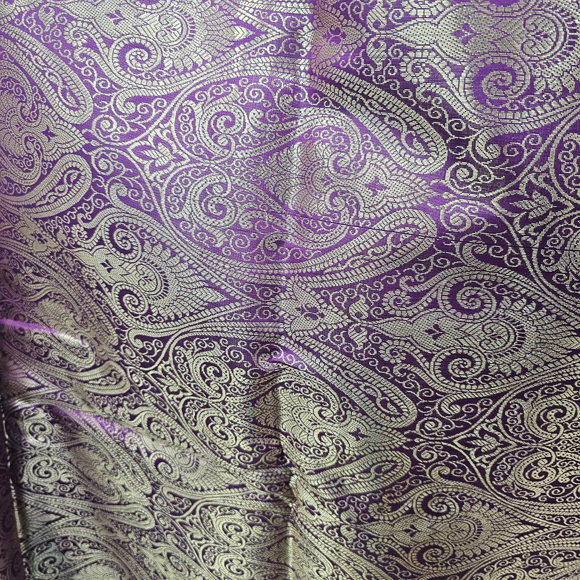 Purple Zari Semi Banaras Fabric, laid flat