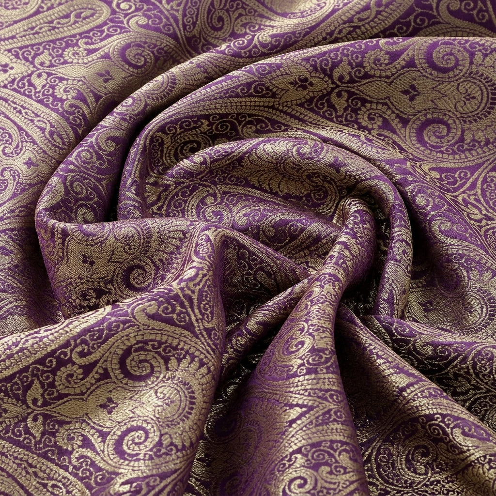 Swirled Purple Zari Semi Banaras Fabric Showing Paisley and Drape