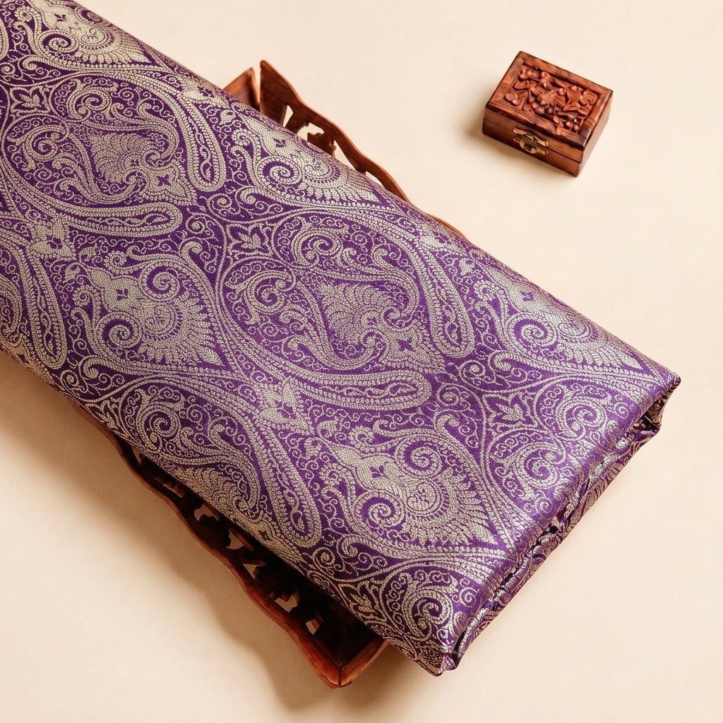 Purple Zari Semi Banaras Fabric with Paisley