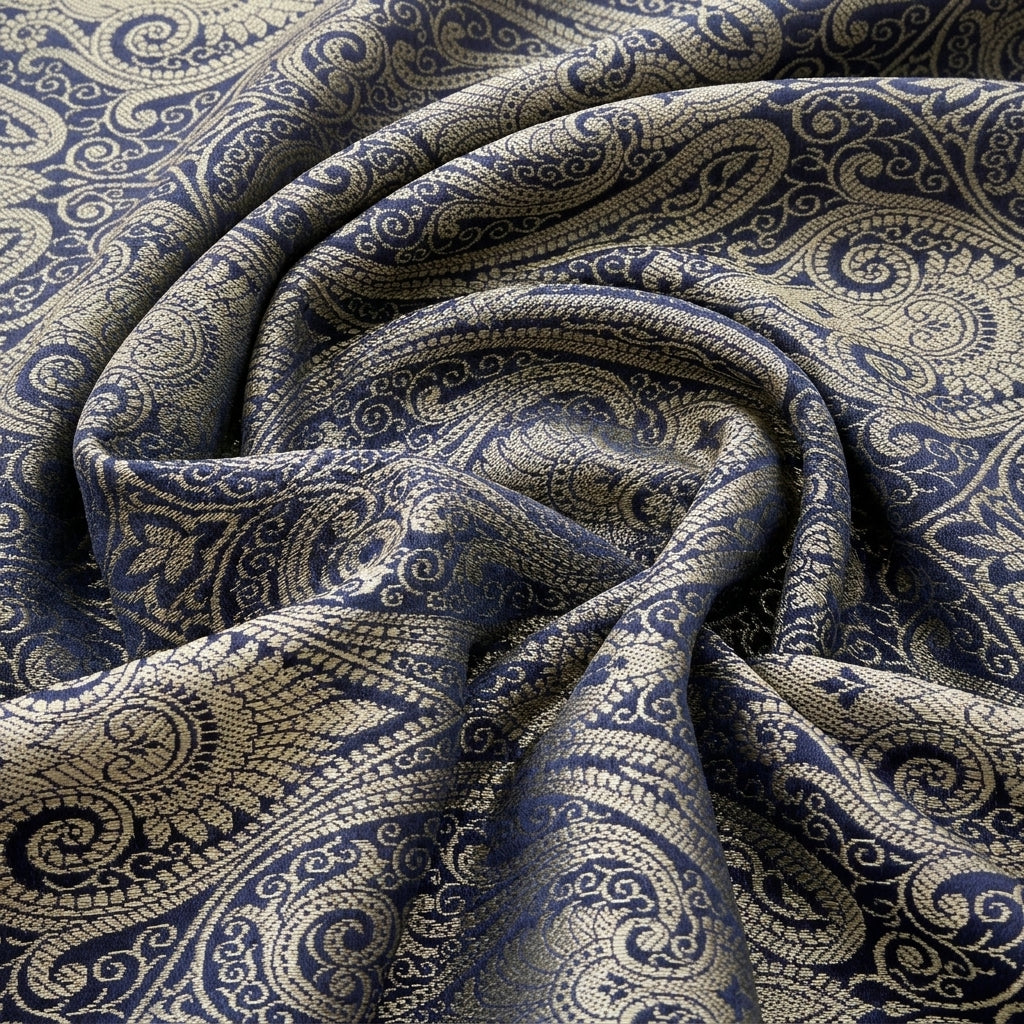 Swirled Navy Blue Zari Semi Banaras Fabric Showing Paisley and Drape