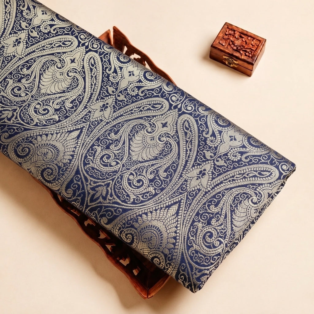 Navy Blue Zari Semi Banaras Fabric, folded