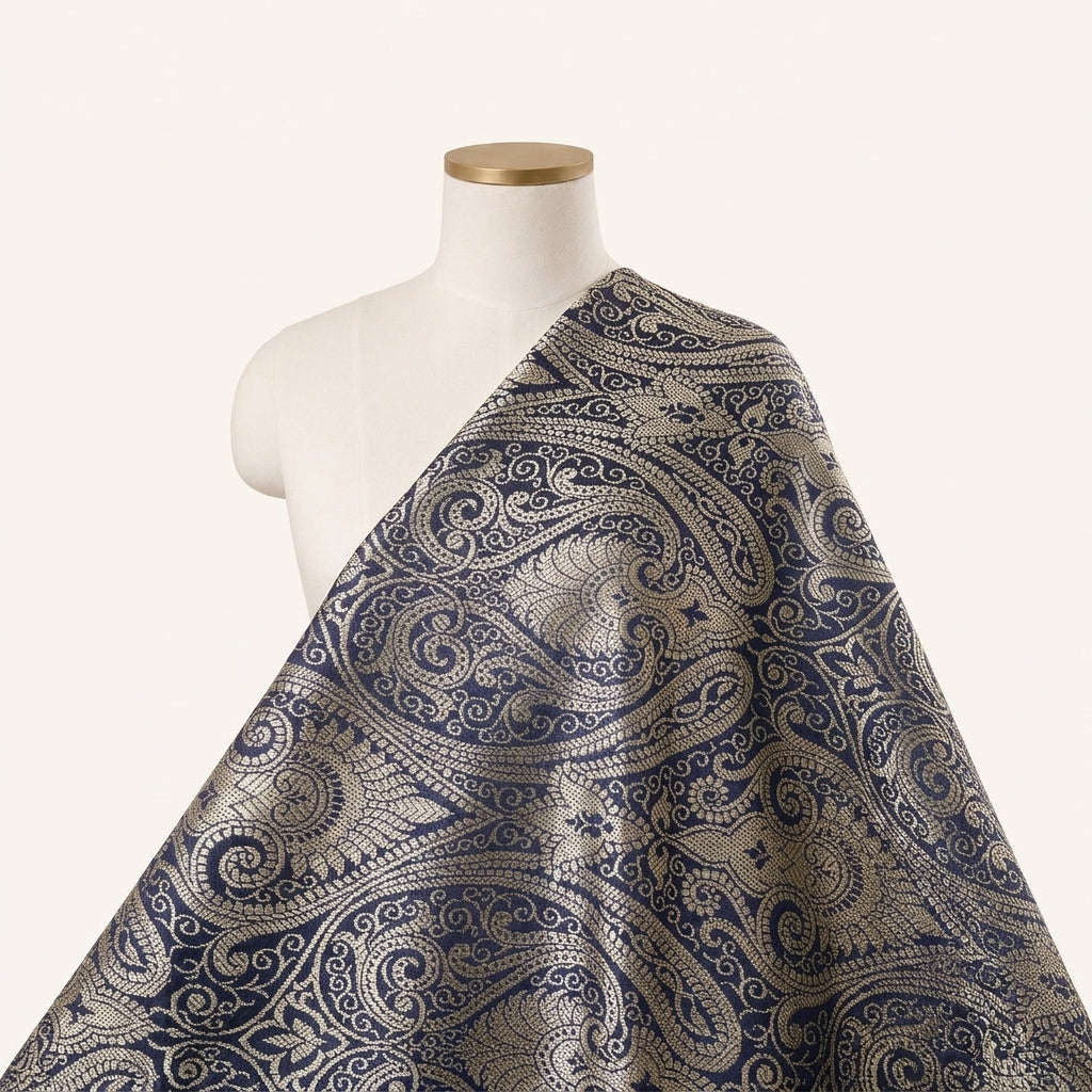 Navy Blue Zari Semi Banaras Fabric Draped as a saree