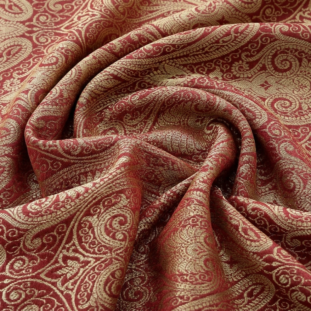 Swirled Maroon Zari Semi Banaras Fabric Showing Paisley and Drape