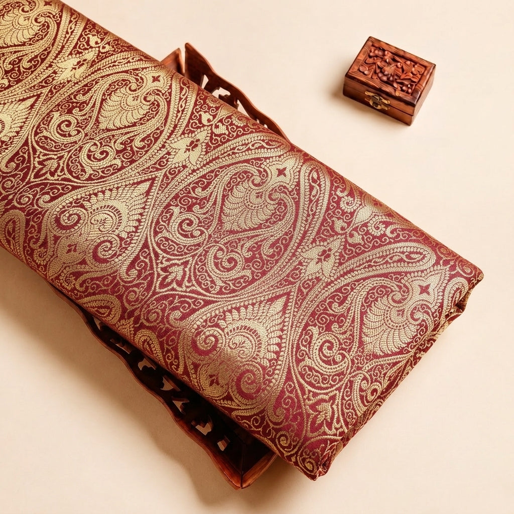 Maroon Zari Semi Banaras Fabric with Paisley
