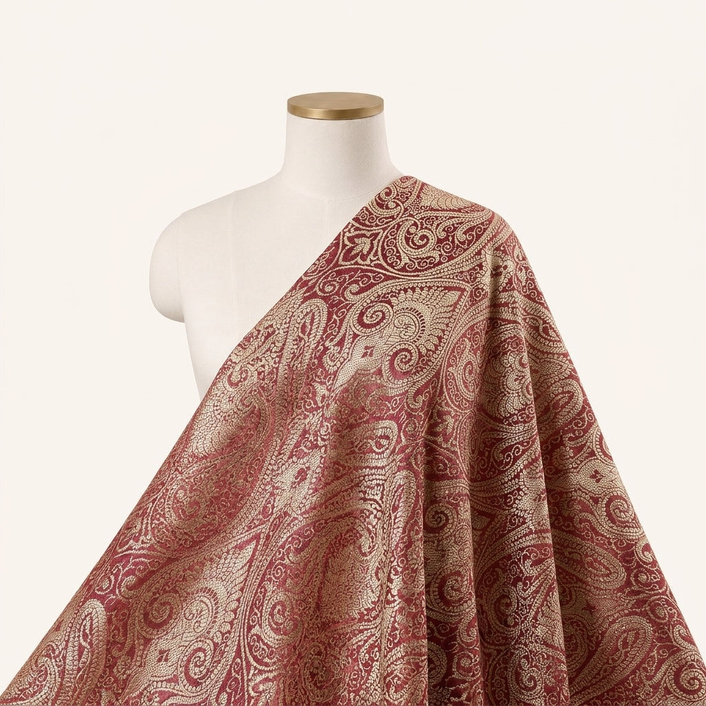 Maroon Zari Semi Banaras Fabric Draped as a saree