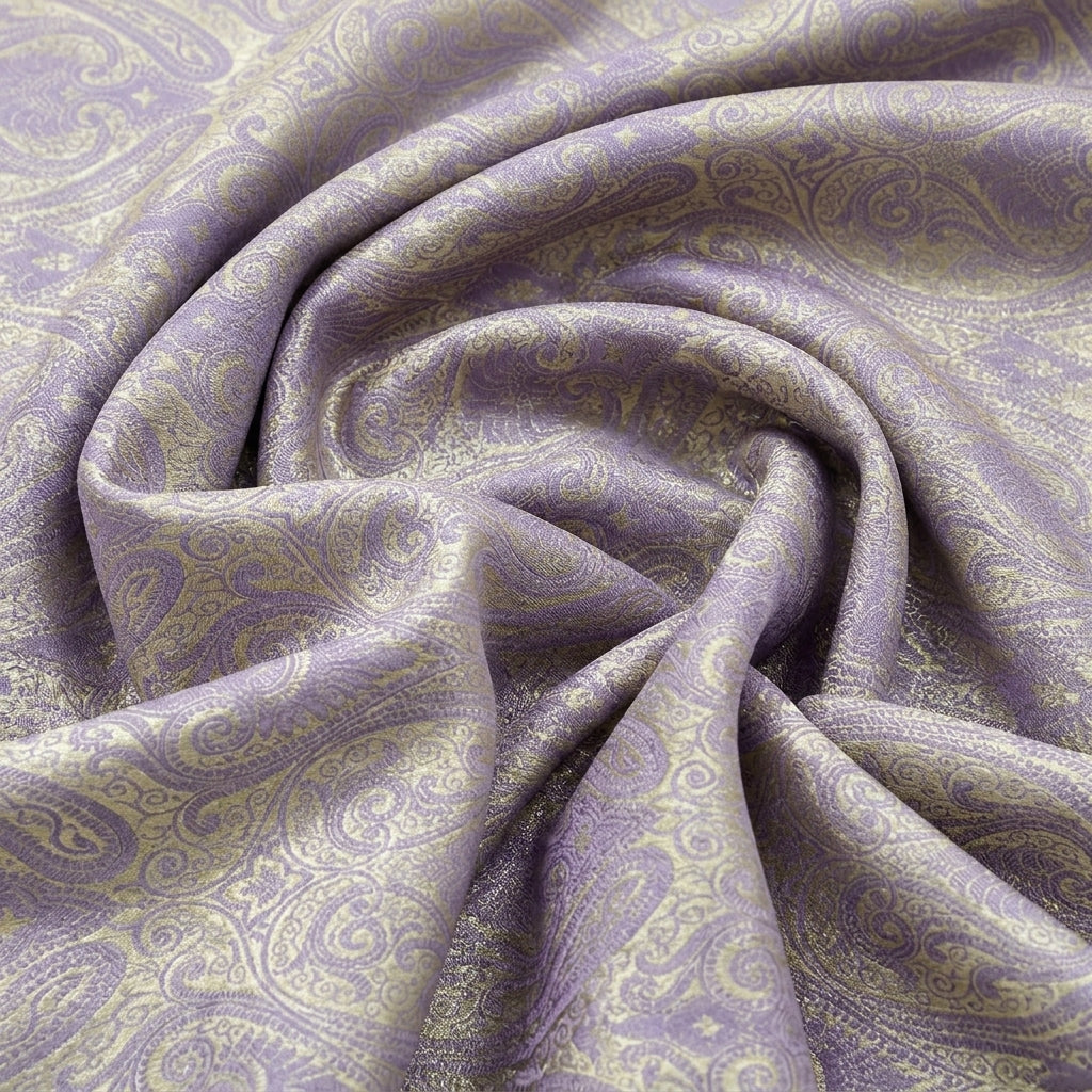 Swirled Violet Zari Semi Banaras Fabric Showing Paisley and Drape