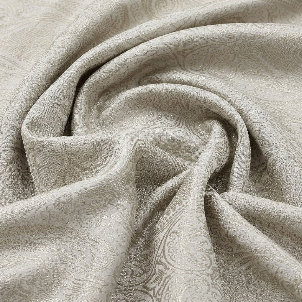 Swirled Cream Zari Semi Banaras Fabric Showing Paisley and Drape