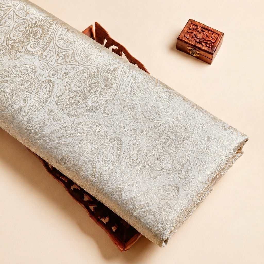 Cream Zari Semi Banaras Fabric with Paisley