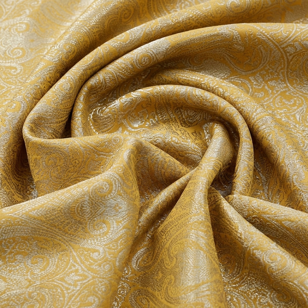 Swirled Yellow Zari Semi Banaras Fabric Showing Paisley and Drape