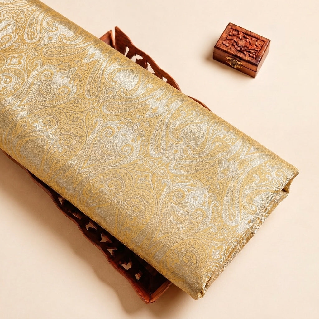 Yellow Zari Semi Banaras Fabric with Paisley