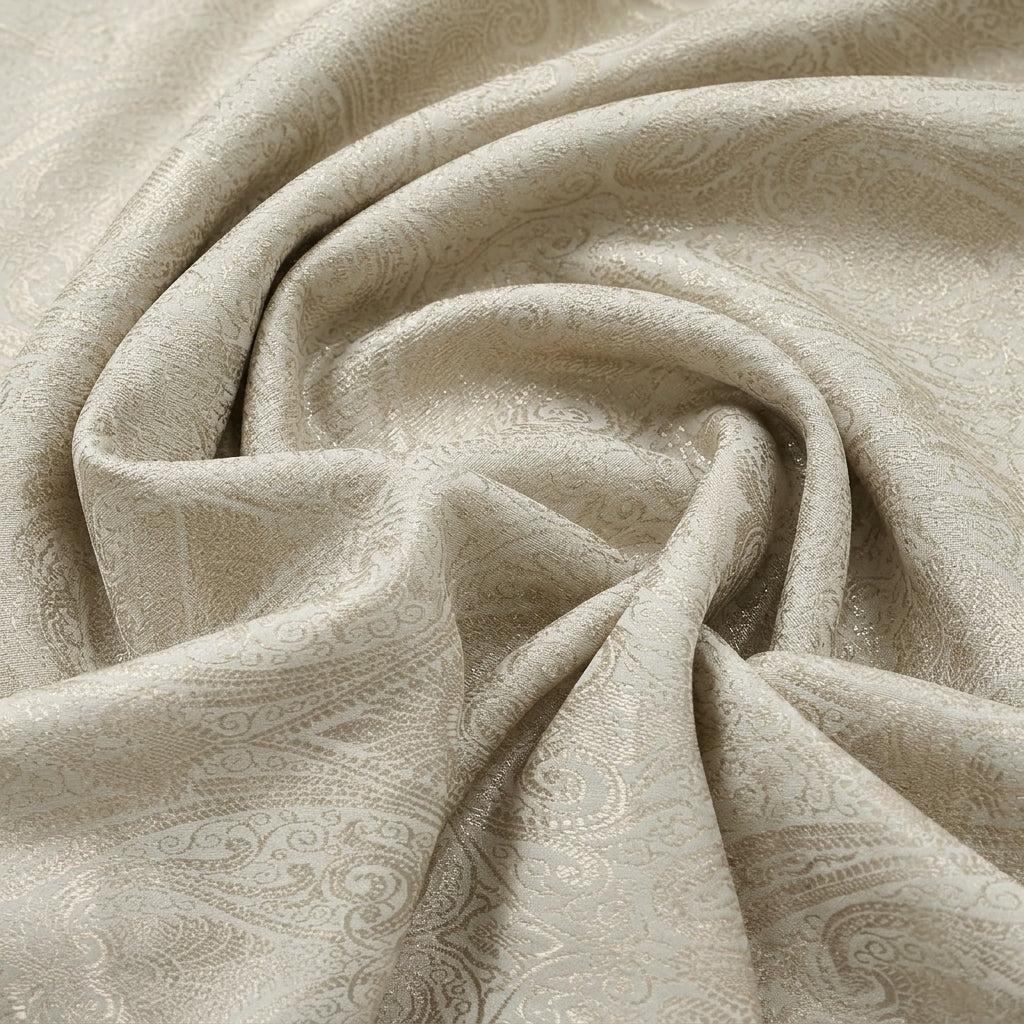 Swirled Cream Zari Semi Banaras Fabric Showing Paisley and Drape