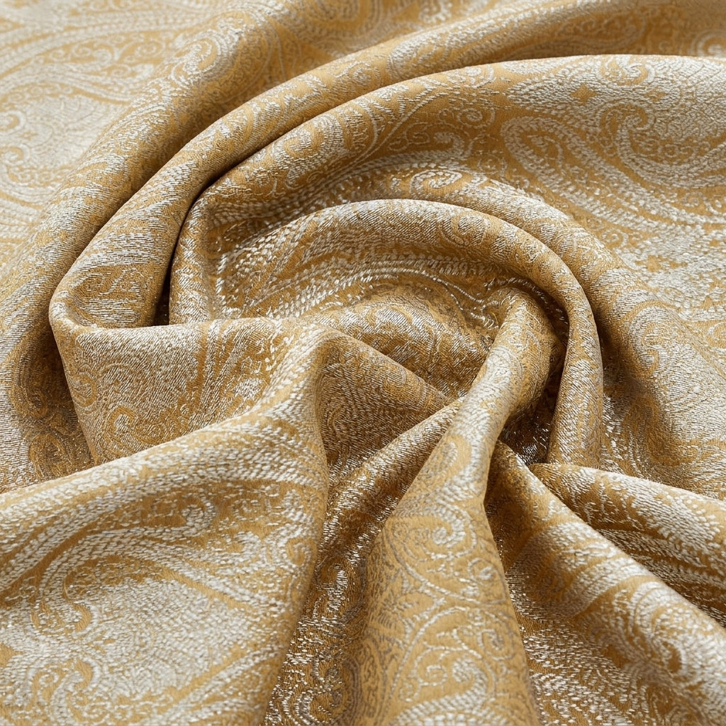 Swirled Mustard Zari Semi Banaras Fabric Showing Paisley and Drape