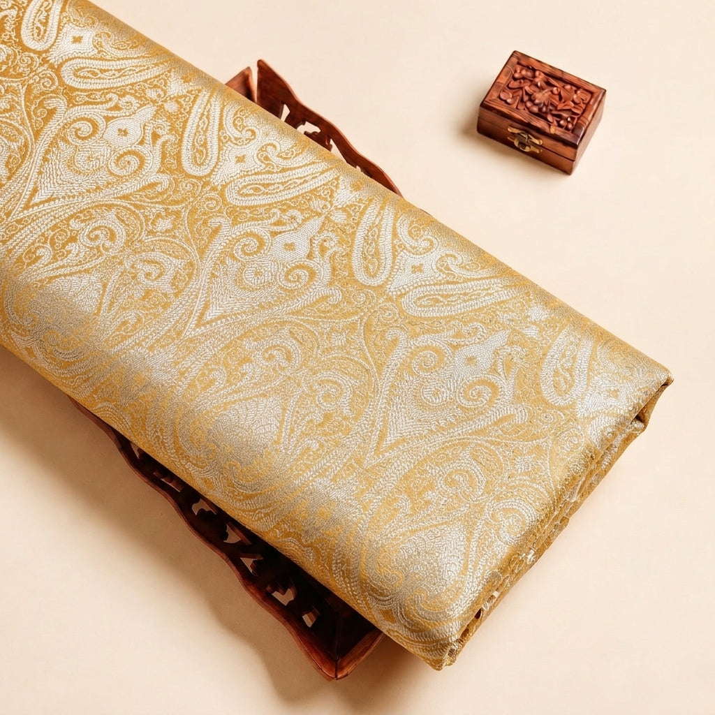 Mustard Zari Semi Banaras Fabric, folded
