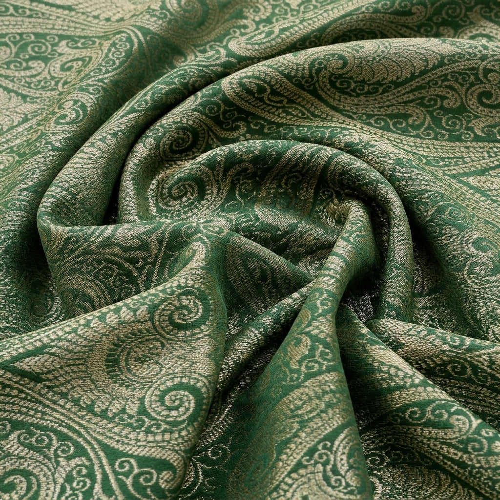 Swirled Green Zari Semi Banaras Fabric Showing Paisley and Drape