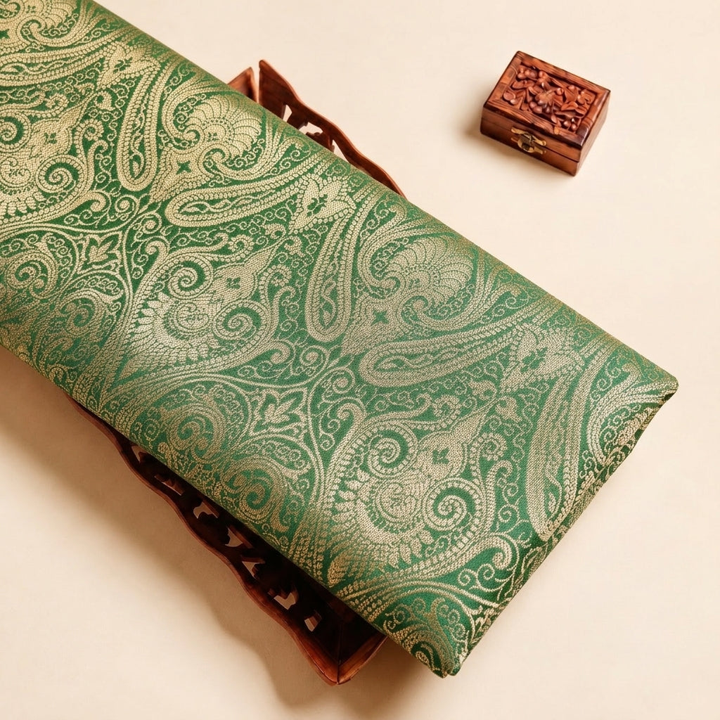 Green Zari Semi Banaras Fabric with Paisley
