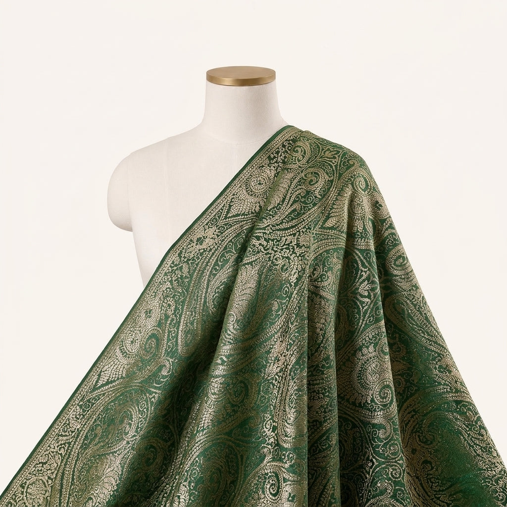 Green Zari Semi Banaras Fabric Draped as a saree