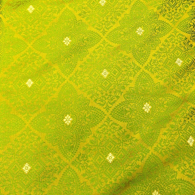 Green Zari Banaras Fabric, laid flat
