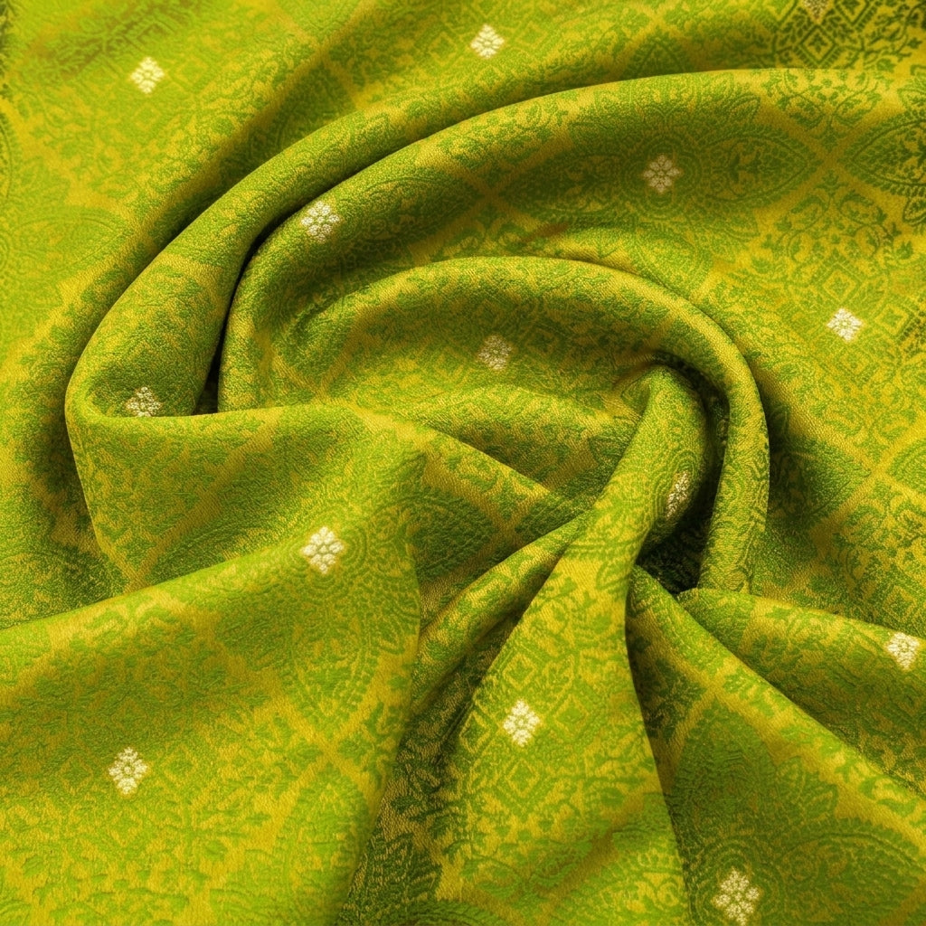 Swirled Green Zari Banaras Fabric Showing Butta and Drape