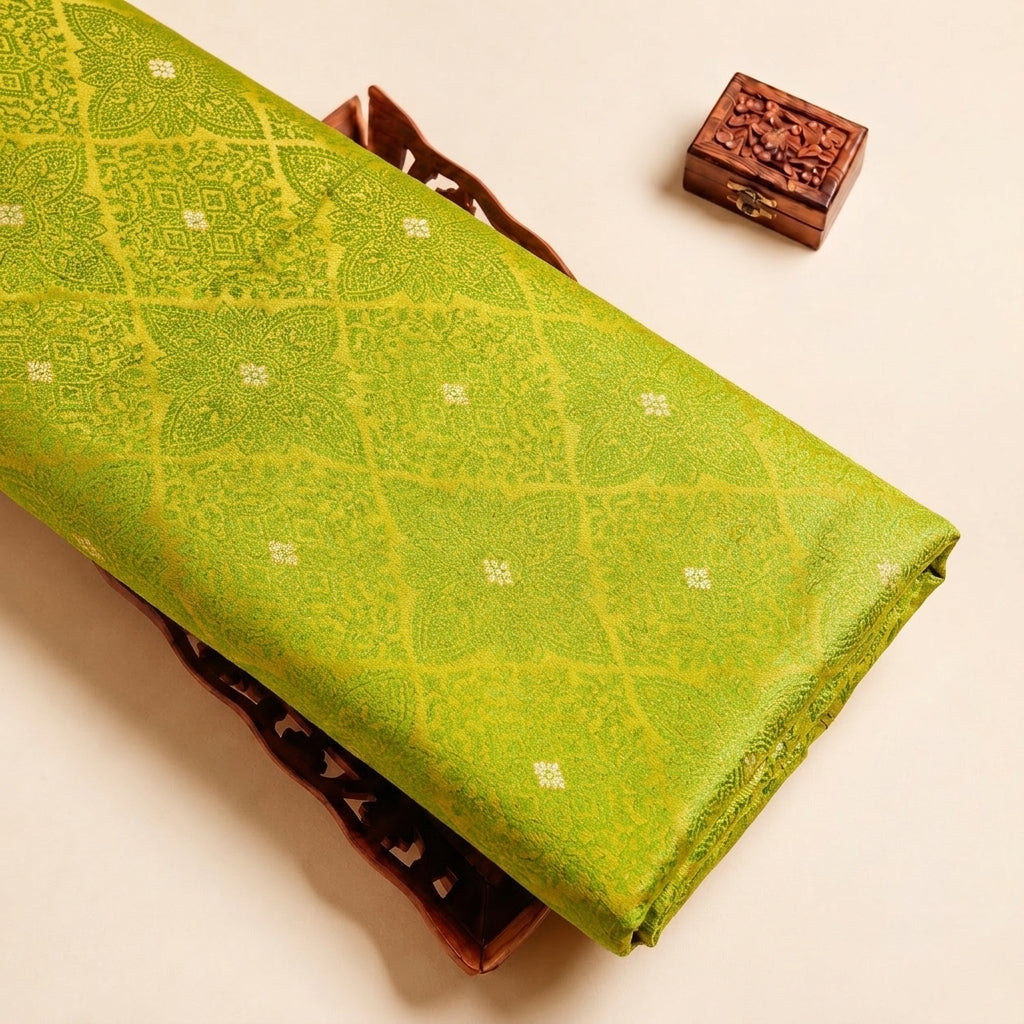 Green Zari Banaras Fabric, folded