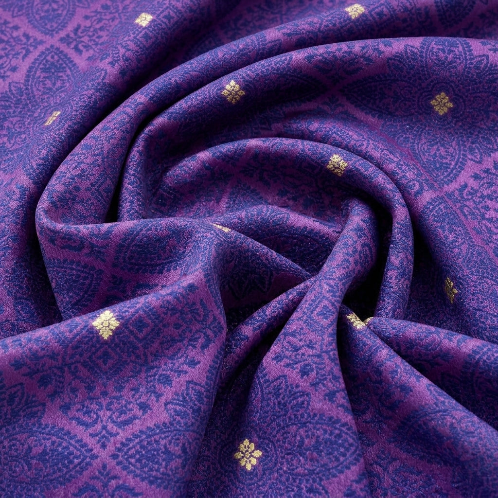 Swirled Purple Zari Banaras Fabric Showing Butta and Drape