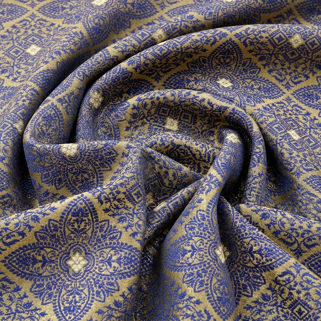 Swirled Yellow Zari Banaras Fabric Showing Butta and Drape