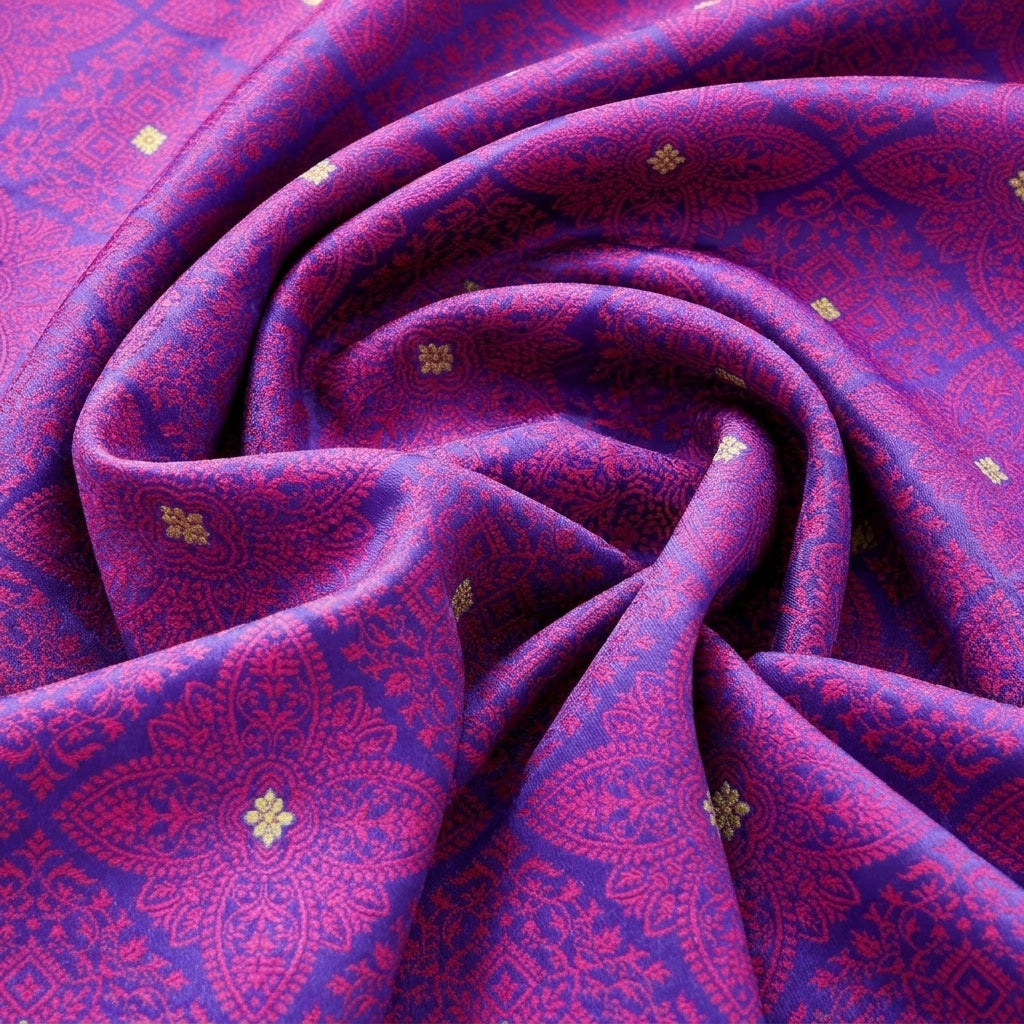 Swirled Blue Zari Banaras Fabric Showing Butta and Drape