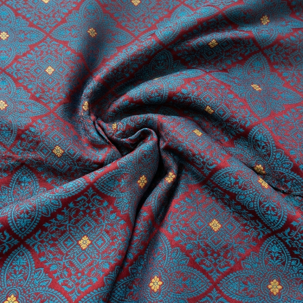 Swirled Maroon Zari Banaras Fabric Showing Butta and Drape