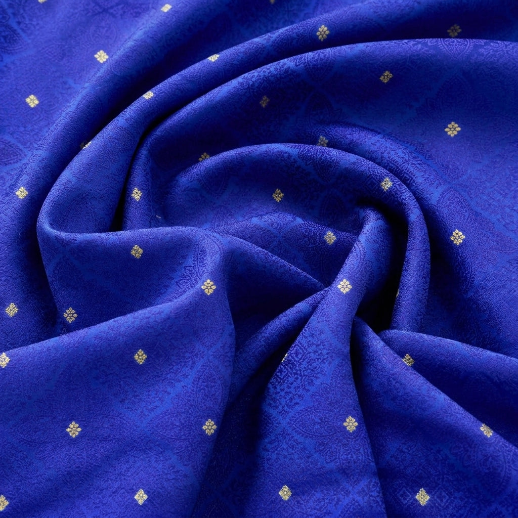 Swirled Blue Zari Banaras Fabric Showing Butta and Drape
