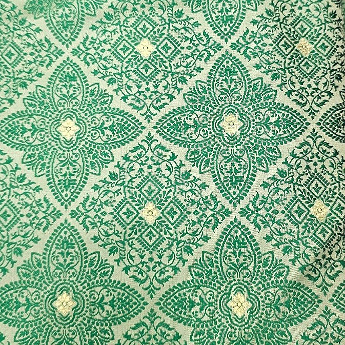 Green Zari Banaras Fabric, laid flat