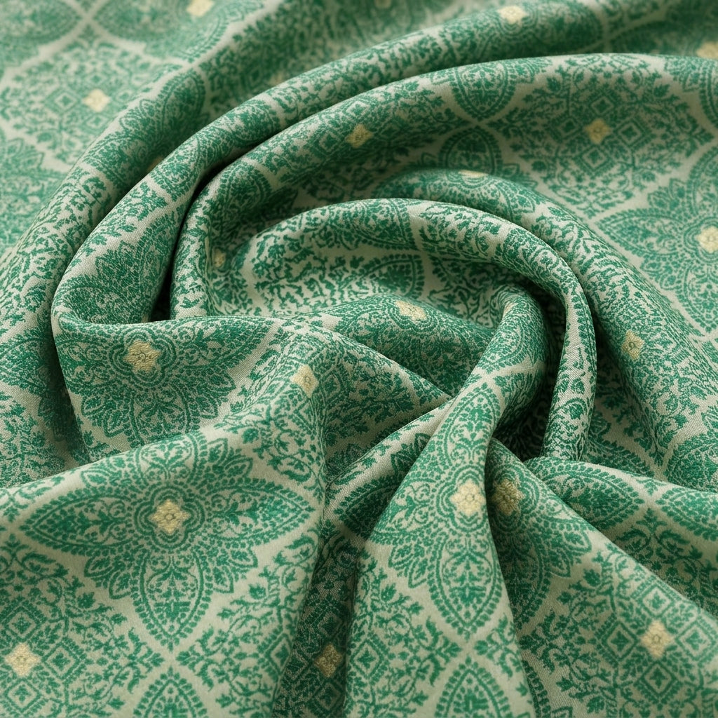 Swirled Green Zari Banaras Fabric Showing Butta and Drape