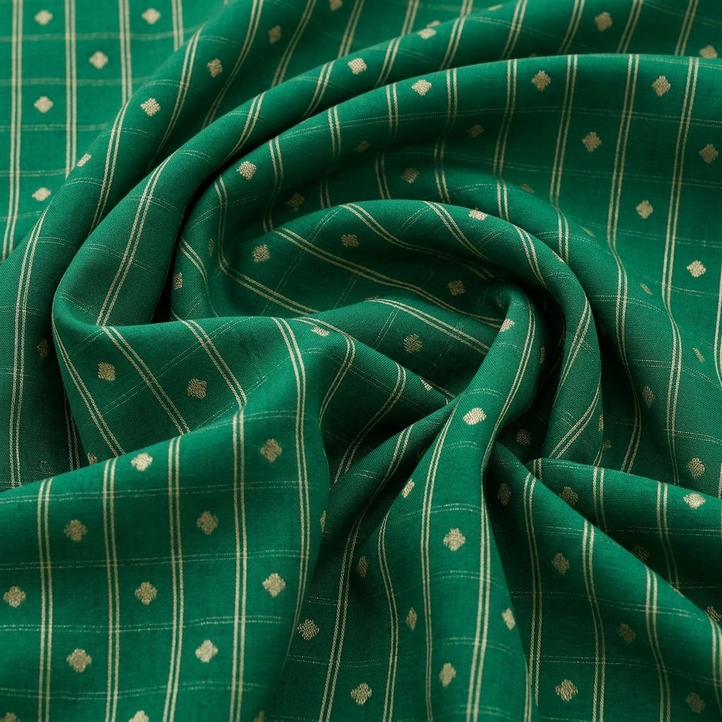 Swirled Green Zari Semi Banaras Fabric Showing Butta Checked and Drape