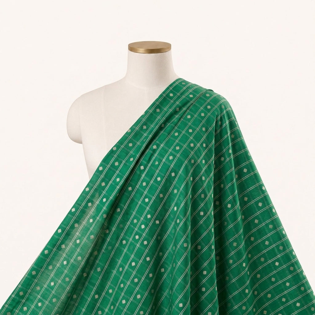 Green Zari Semi Banaras Fabric Draped as a saree