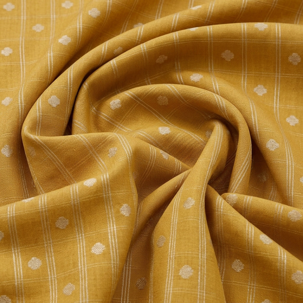 Swirled Mustard Zari Semi Banaras Fabric Showing Butta Checked and Drape