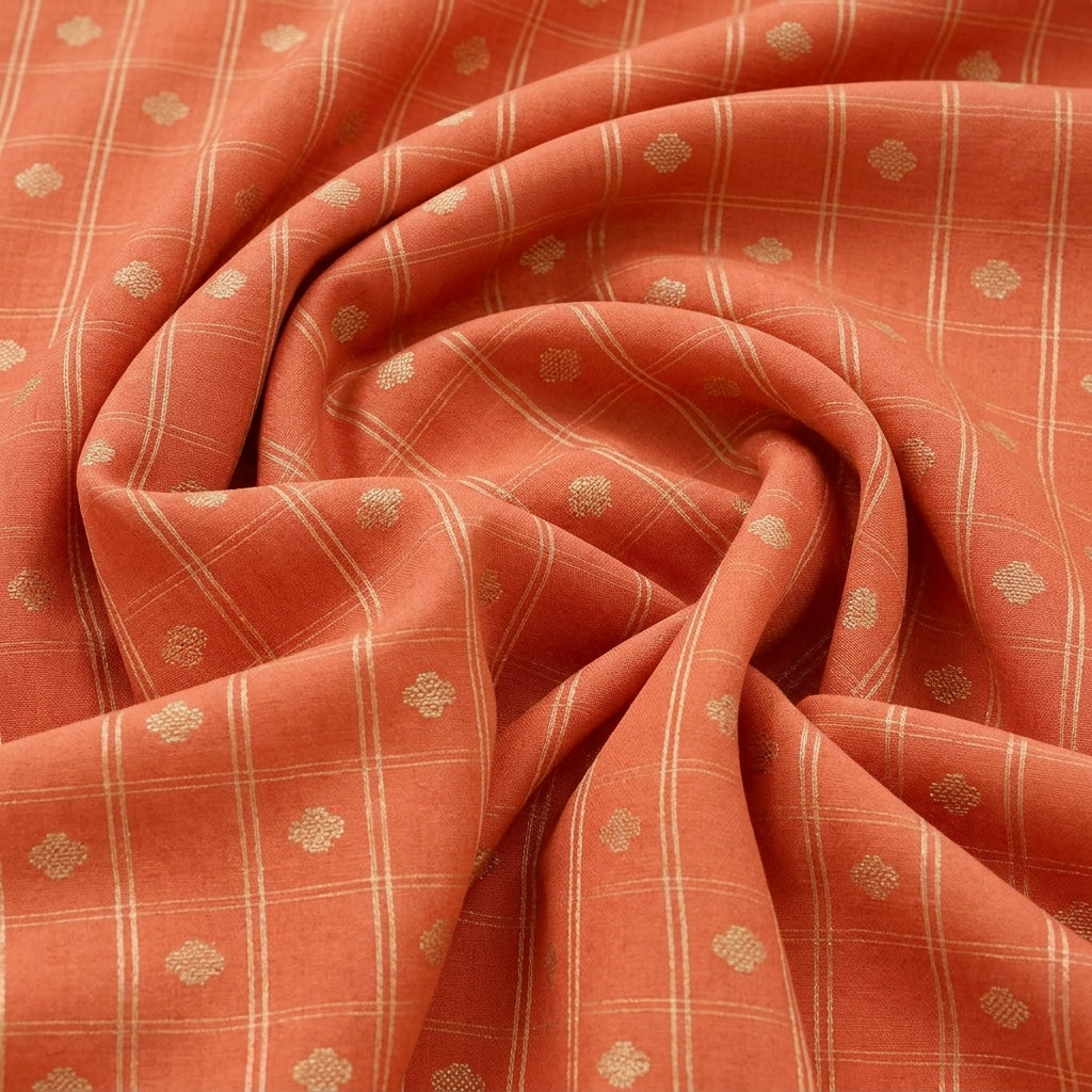 Swirled Orange Zari Semi Banaras Fabric Showing Butta Checked and Drape